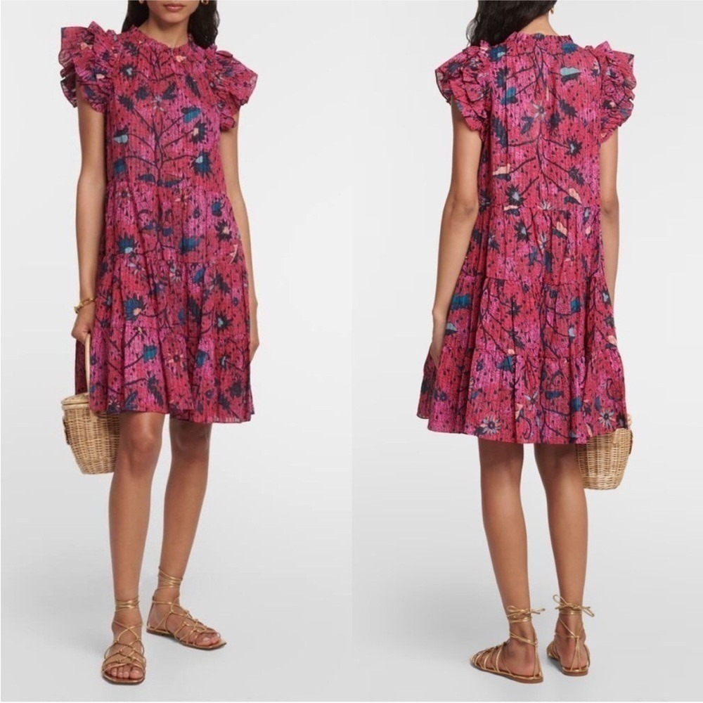Ulla Johnson Denia Ruffled Tiered Minidress Size 2 Pink High‎ Neck Mini Dress